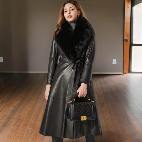 Black Dakota Belted Leather Coat Trench Removable Fur Collar Jacket - Picture 7 of 8